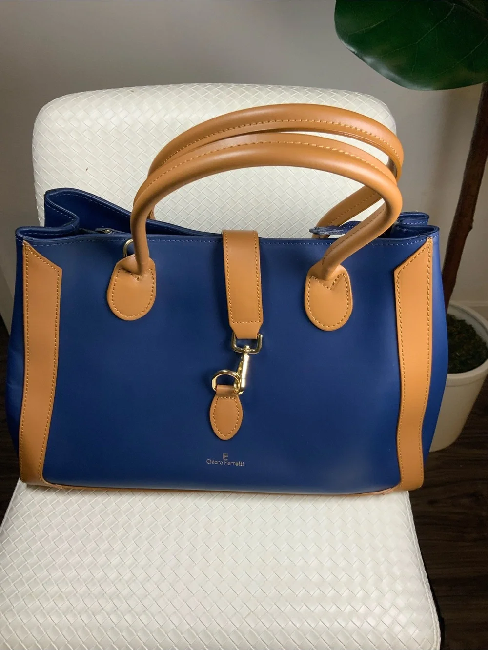 Chiara Ferretti Navy and Tan Leather Tote with Gold Hardware